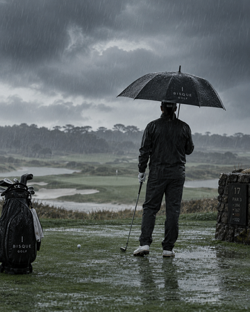 Golfer sheltering under a Bisque Golf branded umbrella on a rainy course, club and ball ready to play