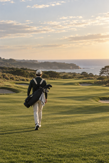 Golfer walking a coastal fairway carrying a stand bag, Bisque Golf Journal