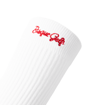 Bisque Golf Crew Sock Red Script Side - White