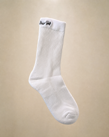 Bisque Golf Crew Sock Black Script Side - White