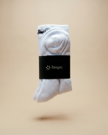 Bisque Golf Crew Sock Black Script Side - White