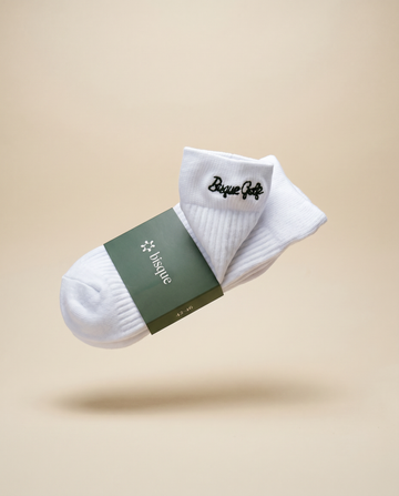 Bisque Golf Crew Sock Black Script Side - White