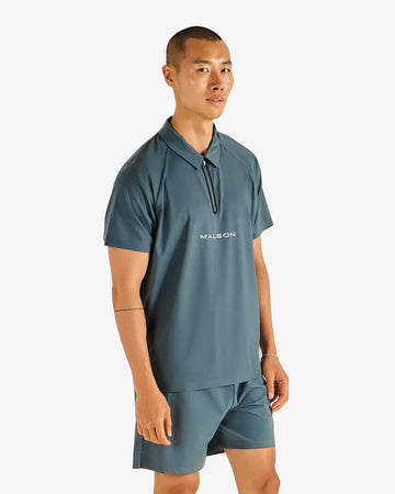 Malbon Golf Performance Zip Raglan Polo - Dark Slate on model side