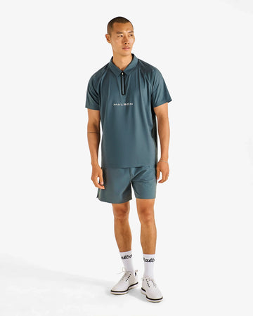 Malbon Golf Performance Zip Raglan Polo - Dark Slate on model front